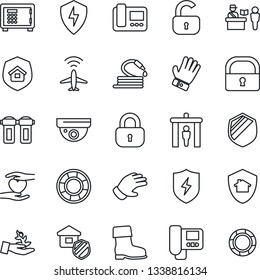 Thin Line Icon Set - plane radar vector, passport control, security gate, safe, glove, boot, hose, heart hand, shield, protect, lock, estate insurance, intercome, water filter, home, surveillance