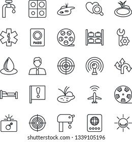 Thin Line Icon Set - plane radar vector, bomb in case, passport, bed, luggage storage, water drop, pond, heart diagnostic, ambulance star, route, important flag, reel, antenna, application, target