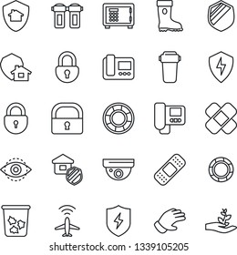 Thin Line Icon Set - plane radar vector, trash bin, safe, lock, glove, boot, patch, shield, protect, eye id, estate insurance, intercome, water filter, home, surveillance, crisis management