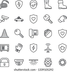 Thin Line Icon Set - plane radar vector, alarm car, border cone, safe, glove, boot, hose, heart shield, traffic light, protect, lock, key, intercome, home, surveillance, sprinkler, crisis management