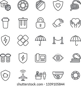 Thin Line Icon Set - plane radar vector, fence, passport control, trash bin, glove, hose, patch, heart shield, hand, umbrella, protect, eye id, lock, estate insurance, intercome, water filter, home