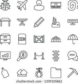 Thin Line Icon Set - plane vector, fence, coffee machine, statistic monitor, lady bug, greenhouse, patient, virus, traffic light, container, umbrella, railroad, dialog, radio phone, folder, pencil