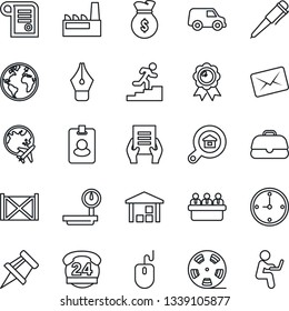 Thin Line Icon Set - plane globe vector, medal, mouse, pen, document, meeting, earth, 24 hours, container, warehouse, heavy scales, reel, clock, drawing pin, ink, career ladder, estate search, case