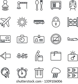 Thin Line Icon Set - plane vector, suitcase, airport bus, barrier, spoon and fork, train, alarm clock, no laptop, trash bin, credit card, bomb in case, baby room, identity, stamp, camera, left arrow
