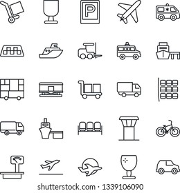 Thin Line Icon Set - plane vector, airport tower, taxi, departure, parking, waiting area, fork loader, seat map, ambulance car, bike, sea shipping, delivery, port, consolidated cargo, fragile