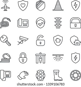 Thin Line Icon Set - plane radar vector, security gate, border cone, glove, boot, hose, heart shield, traffic light, protect, lock, key, intercome, home, surveillance, sprinkler, crisis management