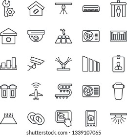 Thin Line Icon Set - plane radar vector, security gate, identity card, drip irrigation, sorting, barcode, chain, root setup, air conditioner, smart home, control app, water filter, warm floor