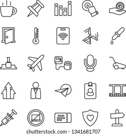 Thin Line Icon Set - plane vector, no laptop, ticket, coffee, drawing pin, lawn mower, syringe, blood pressure, dropper, heart shield, film frame, equalizer, microphone, touch screen, windmill, door