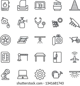 Thin Line Icon Set - plane radar vector, barrier, border cone, gear, notebook pc, watering can, wheelbarrow, garden sprayer, stethoscope, camera, microphone, sim, paper tray, copier, sun panel, fan