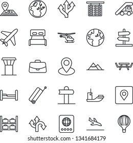 Thin Line Icon Set - plane vector, airport tower, suitcase, arrival, passport, ladder car, helicopter, flight table, luggage storage, case, picnic, route, signpost, navigation, earth, pin, place tag