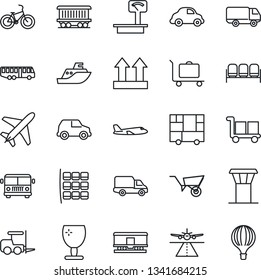 Thin Line Icon Set - plane vector, airport tower, runway, baggage trolley, bus, waiting area, fork loader, seat map, wheelbarrow, bike, railroad, sea shipping, car delivery, consolidated cargo