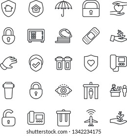 Thin Line Icon Set - plane radar vector, passport control, security gate, trash bin, safe, lock, glove, hose, patch, heart shield, hand, umbrella, eye id, estate insurance, intercome, water filter