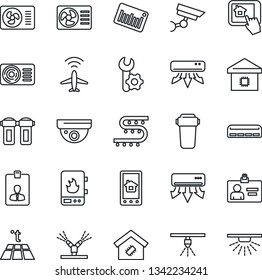 Thin Line Icon Set - plane radar vector, identity card, drip irrigation, barcode, root setup, air conditioner, smart home, water heater, control app, filter, warm floor, surveillance, sprinkler