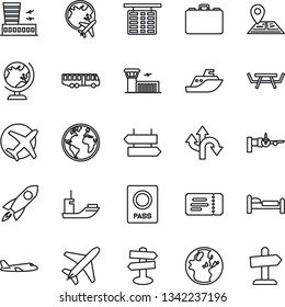 Thin Line Icon Set - plane vector, airport bus, signpost, ticket, passport, globe, bed, boarding, flight table, building, case, picnic, route, navigation, earth, sea shipping, rocket, guidepost