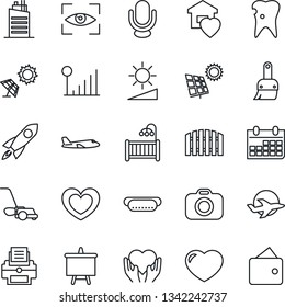 Thin Line Icon Set - plane vector, presentation board, calendar, lawn mower, heart, hand, caries, camera, microphone, themes, brightness, cellular signal, printer, sun panel, fence, children room