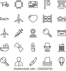 Thin Line Icon Set - plane vector, luggage storage, wheelbarrow, garden knife, syringe, broken bone, heart, user, calendar, paper tray, manager, house with tree, sun panel, windmill, sale, key, city