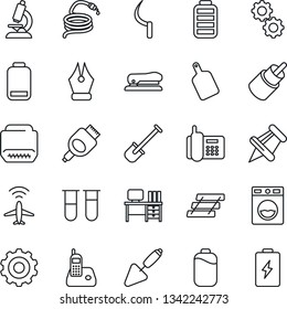 Thin Line Icon Set - plane radar vector, gear, desk, trowel, shovel, hose, sickle, blood test vial, microscope, office phone, radio, paper pin, battery, low, rca, hdmi, ink pen, tray, stapler