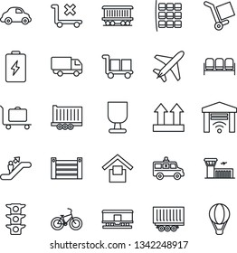 Thin Line Icon Set - plane vector, baggage trolley, escalator, waiting area, seat map, airport building, ambulance car, bike, railroad, traffic light, truck trailer, delivery, container, fragile, no