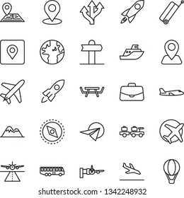 Thin Line Icon Set - plane vector, runway, suitcase, arrival, airport bus, baggage larry, boarding, case, picnic table, route, signpost, navigation, earth, sea shipping, place tag, compass, rocket