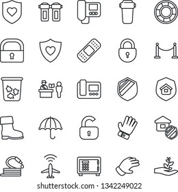 Thin Line Icon Set - plane radar vector, fence, passport control, trash bin, safe, lock, glove, boot, hose, patch, heart shield, umbrella, estate insurance, intercome, water filter, palm sproute