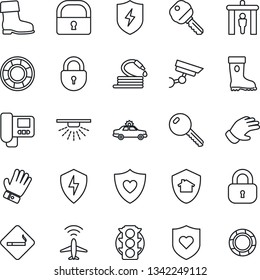 Thin Line Icon Set - plane radar vector, security gate, smoking place, alarm car, lock, glove, boot, hose, heart shield, traffic light, protect, key, intercome, home, surveillance, sprinkler