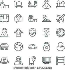 Thin Line Icon Set - plane vector, baggage trolley, navigation, earth, pin, store, traffic light, support, mobile tracking, truck trailer, car delivery, clock, sea port, consolidated cargo, shield