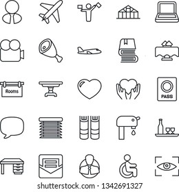 Thin Line Icon Set - plane vector, dispatcher, passport, book, desk, greenhouse, disabled, heart hand, client, video camera, message, mail, notebook pc, water supply, rooms, estate agent, table, ham