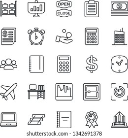 Thin Line Icon Set - plane vector, alarm clock, luggage storage, dollar sign, medal, desk, notepad, cash, receipt, laptop pc, scanner, eye id, clipboard, copybook, calculator, paper tray, city house