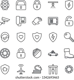 Thin Line Icon Set - plane radar vector, security gate, alarm car, safe, lock, glove, boot, hose, heart shield, traffic light, protect, key, intercome, home, surveillance, sprinkler
