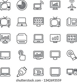 Thin Line Icon Set - plane radar vector, wireless notebook, pc, statistic monitor, pulse, tv, touch screen, laptop, hdmi, statistics, intercome