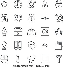 Thin Line Icon Set - plane vector, lock, book, pennant, mouse, money bag, heart hand, lungs, folder document, stop button, record, compass, ink pen, tie, mountains, sweet home, water, smoke detector