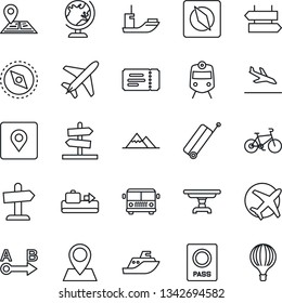 Thin Line Icon Set - plane vector, suitcase, arrival, baggage conveyor, airport bus, train, signpost, ticket, passport, globe, bike, navigation, pin, sea shipping, route, place tag, compass, table