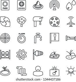 Thin Line Icon Set - plane radar vector, bomb in case, passport, bed, wind, luggage storage, contract, pond, patient, important flag, reel, antenna, application, root setup, target, water supply