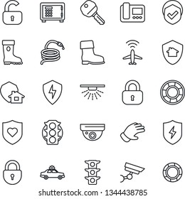 Thin Line Icon Set - plane radar vector, alarm car, safe, lock, glove, boot, hose, heart shield, traffic light, protect, key, intercome, home, surveillance, sprinkler, crisis management