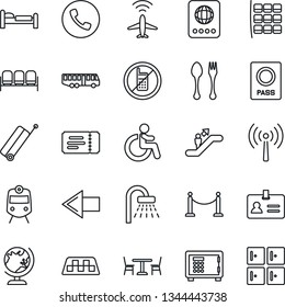 Thin Line Icon Set - plane radar vector, antenna, fence, taxi, suitcase, airport bus, spoon and fork, cafe, train, escalator, phone, no mobile, waiting area, ticket, disabled, passport, identity