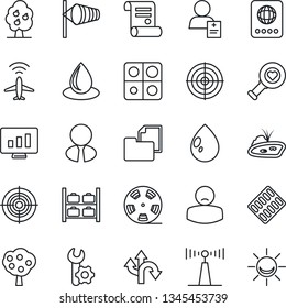 Thin Line Icon Set - plane radar vector, passport, wind, luggage storage, statistic monitor, contract, water drop, heart diagnostic, pills blister, patient, route, folder document, reel, antenna