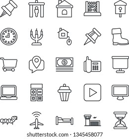 Thin Line Icon Set - plane radar vector, security gate, bed, airport building, calculator, abacus, boot, house, caterpillar, bird, cash, office phone, mobile tracking, clock, monitor, laptop pc