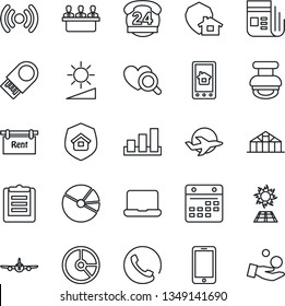 Thin Line Icon Set - plane vector, mobile phone, circle chart, greenhouse, heart diagnostic, 24 hours, clipboard, sorting, news, calendar, brightness, pie graph, meeting, notebook pc, stamp, rent