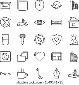 Thin Line Icon Set - plane vector, office building, mouse, coffee, house, heart, shield, eye, folder document, brightness, compass, ink pen, blank box, plan, rooms, reserved, ladle, fridge, tie