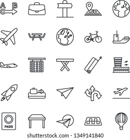 Thin Line Icon Set - plane vector, taxi, suitcase, departure, baggage conveyor, passport, flight table, airport building, case, picnic, bike, route, signpost, navigation, earth, sea shipping, rocket