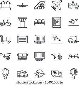 Thin Line Icon Set - plane vector, airport tower, taxi, departure, arrival, bus, parking, waiting area, fork loader, ladder car, wheelbarrow, ambulance, bike, truck trailer, container, cargo, moving