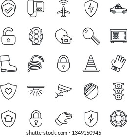 Thin Line Icon Set - plane radar vector, alarm car, border cone, safe, lock, glove, boot, hose, heart shield, traffic light, protect, key, intercome, home, surveillance, sprinkler, crisis management