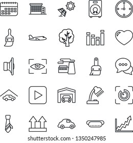 Thin Line Icon Set - plane vector, factory, tree, car delivery, term, up side sign, speaker, equalizer, dialog, heart, play button, themes, eye id, clock, desk lamp, tie, garage, office building