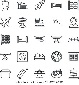 Thin Line Icon Set - plane vector, runway, taxi, suitcase, arrival, baggage conveyor, train, bed, helicopter, seat map, flight table, luggage storage, airport building, picnic, signpost, earth, pin