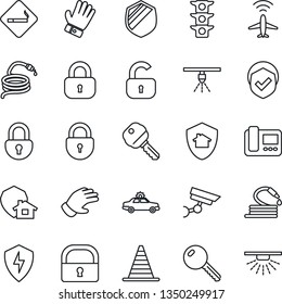 Thin Line Icon Set - plane radar vector, smoking place, alarm car, border cone, lock, glove, hose, traffic light, shield, protect, key, intercome, home, surveillance, sprinkler