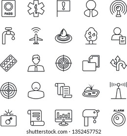 Thin Line Icon Set - plane radar vector, bomb in case, passport, contract, statistic monitor, pills blister, ambulance star, patient, route, important flag, folder document, antenna, target, pond