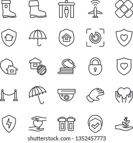 Thin Line Icon Set - plane radar vector, fence, security gate, umbrella, lock, glove, boot, hose, patch, heart shield, hand, protect, eye id, estate insurance, water filter, home, surveillance