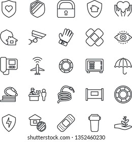Thin Line Icon Set - plane radar vector, fence, passport control, safe, glove, hose, patch, heart shield, hand, umbrella, protect, lock, eye id, estate insurance, intercome, water filter, home
