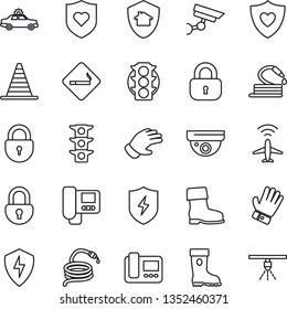 Thin Line Icon Set - plane radar vector, smoking place, alarm car, border cone, lock, glove, boot, hose, heart shield, traffic light, protect, intercome, home, surveillance, sprinkler