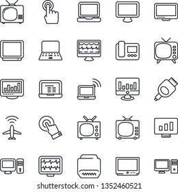 Thin Line Icon Set - plane radar vector, wireless notebook, pc, statistic monitor, pulse, tv, touch screen, laptop, hdmi, statistics, intercome